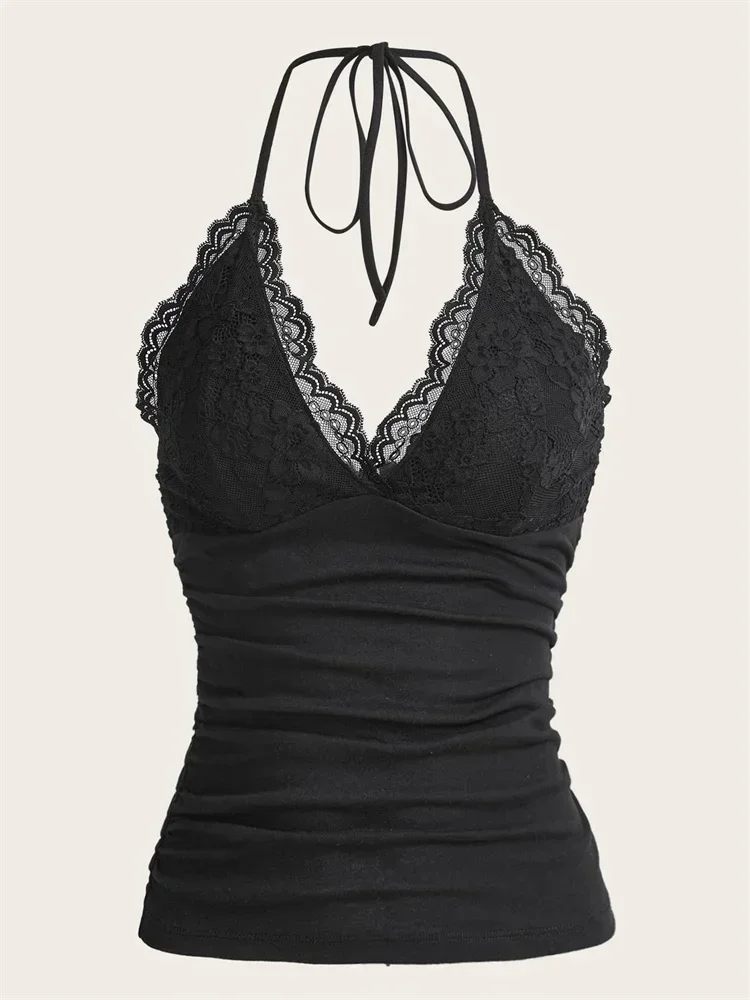 Koronkowy crop top damski z dekoltem w szpic Czarny