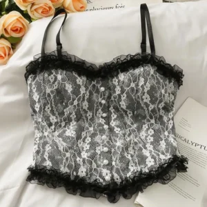Koronkowy gorsetowy top na ramiączkach w stylu vintage Czarny