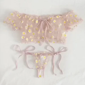 Koronkowy komplet bielizny Bralette z kwiecistym wzorem — bez fiszbinów Różowy