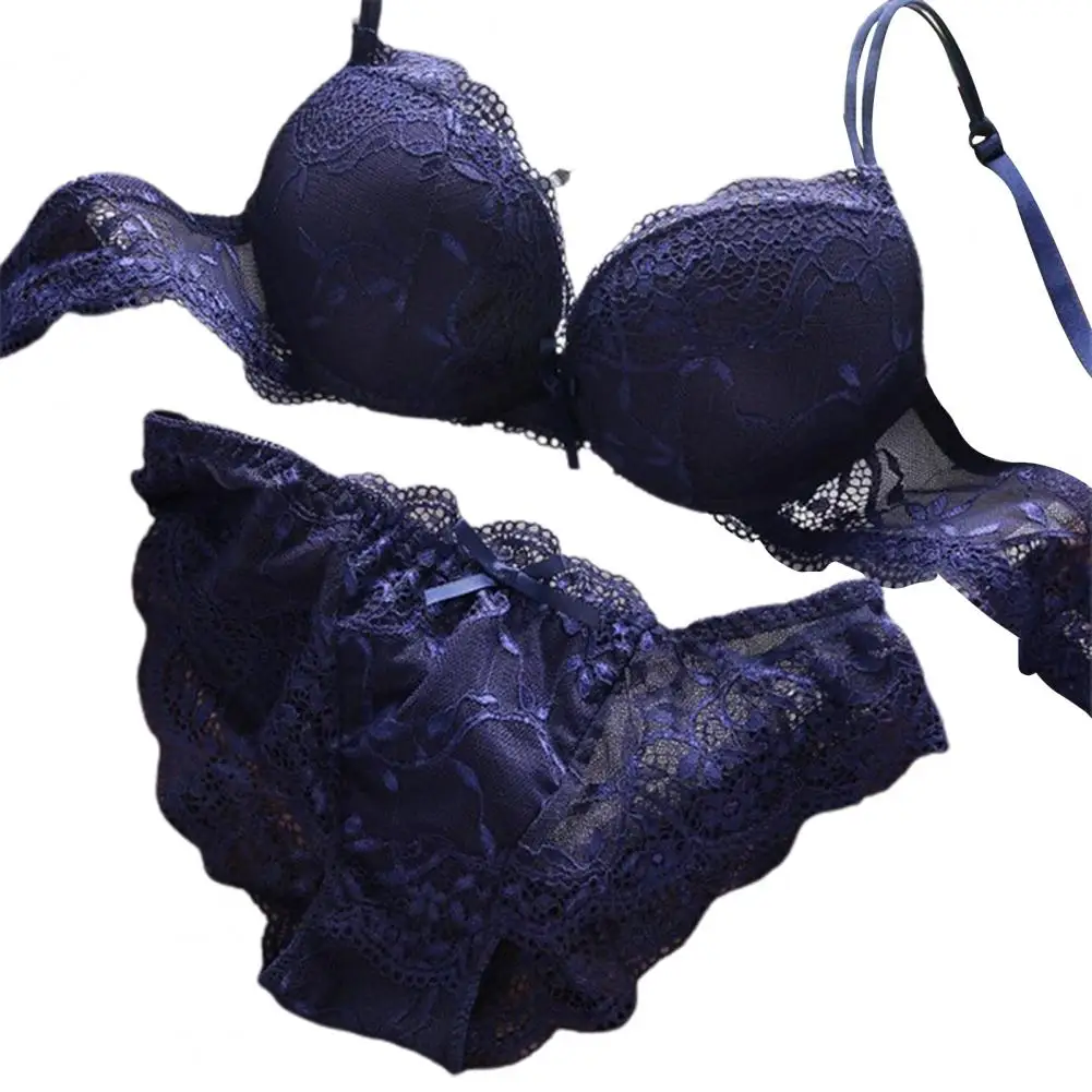 Koronkowy komplet bielizny biustonosz push-up i majtki z kokardką Niebieski