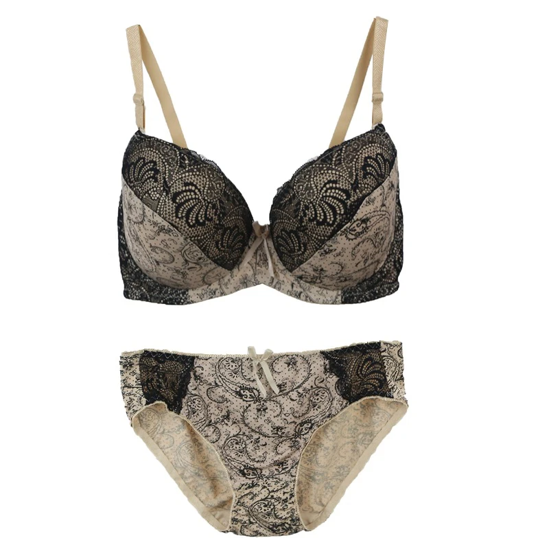 Koronkowy komplet push-up w kwiaty plus size Beżowy