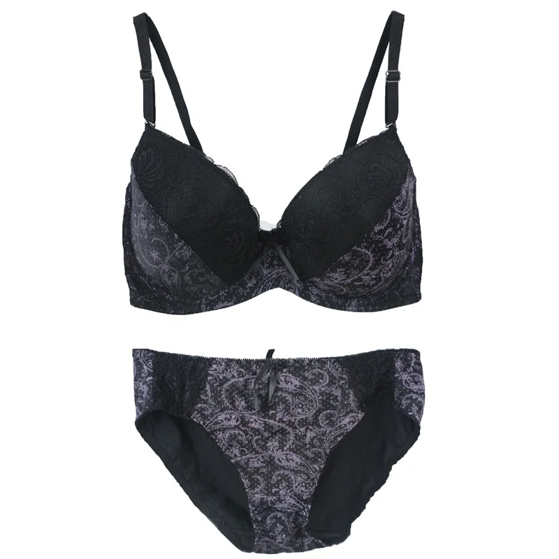 Koronkowy komplet push-up w kwiaty plus size Czarny