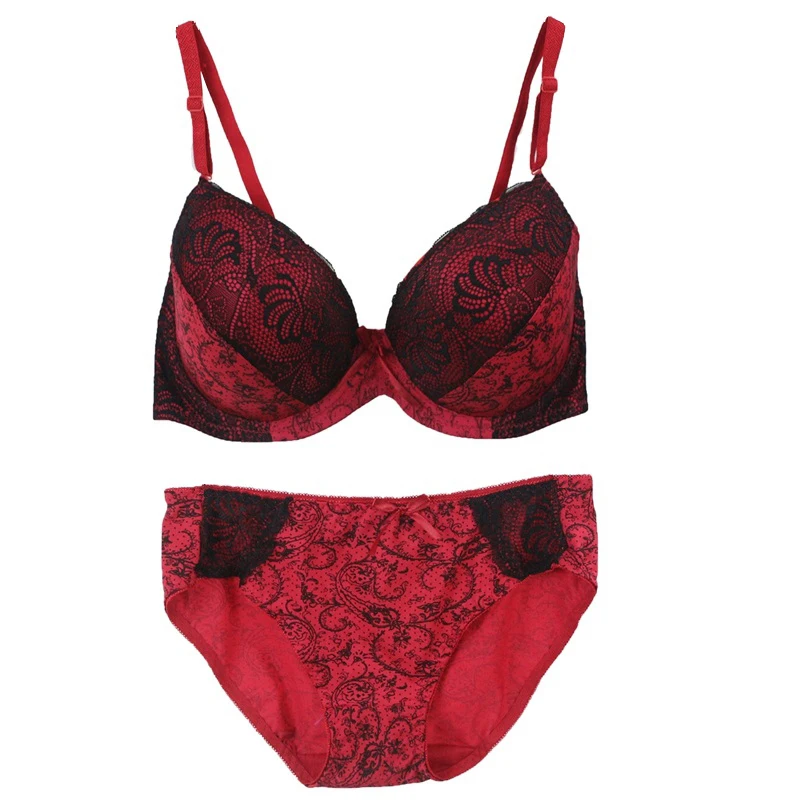 Koronkowy komplet push-up w kwiaty plus size Czerwony