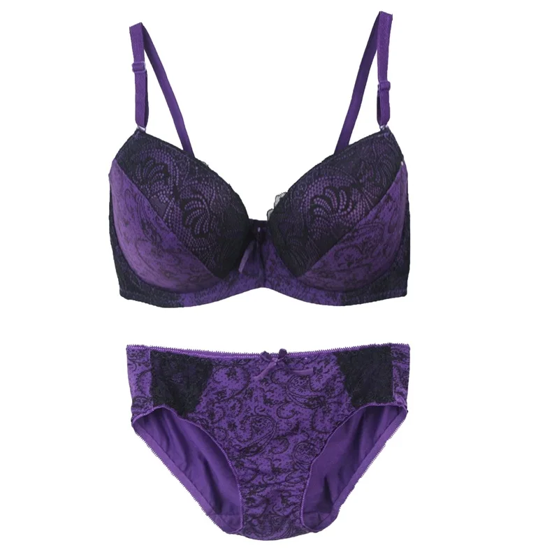 Koronkowy komplet push-up w kwiaty plus size Fioletowy