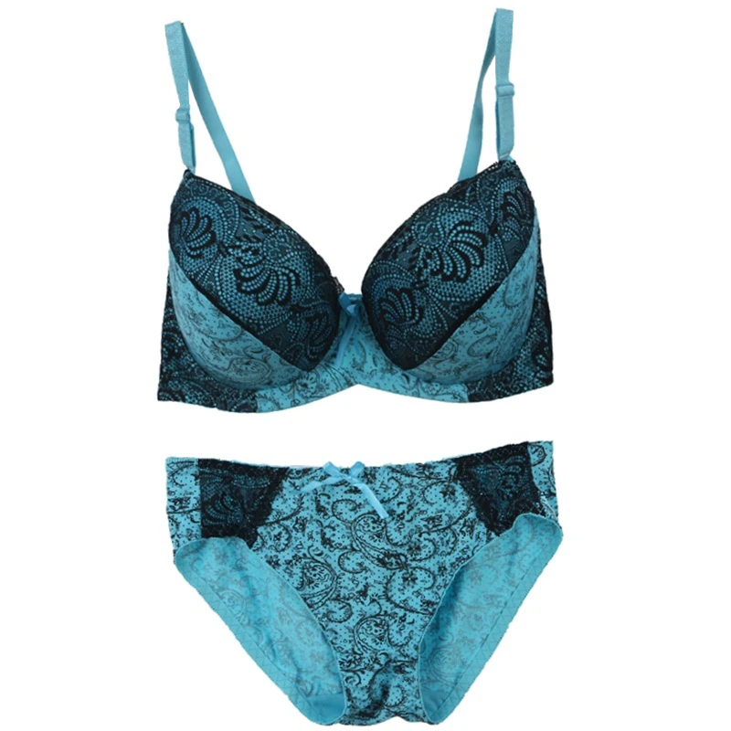 Koronkowy komplet push-up w kwiaty plus size Niebieski