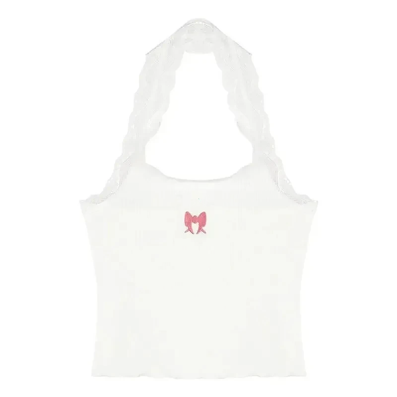 Koronkowy top na halter z haftem w motyle w stylu Y2K Czarny