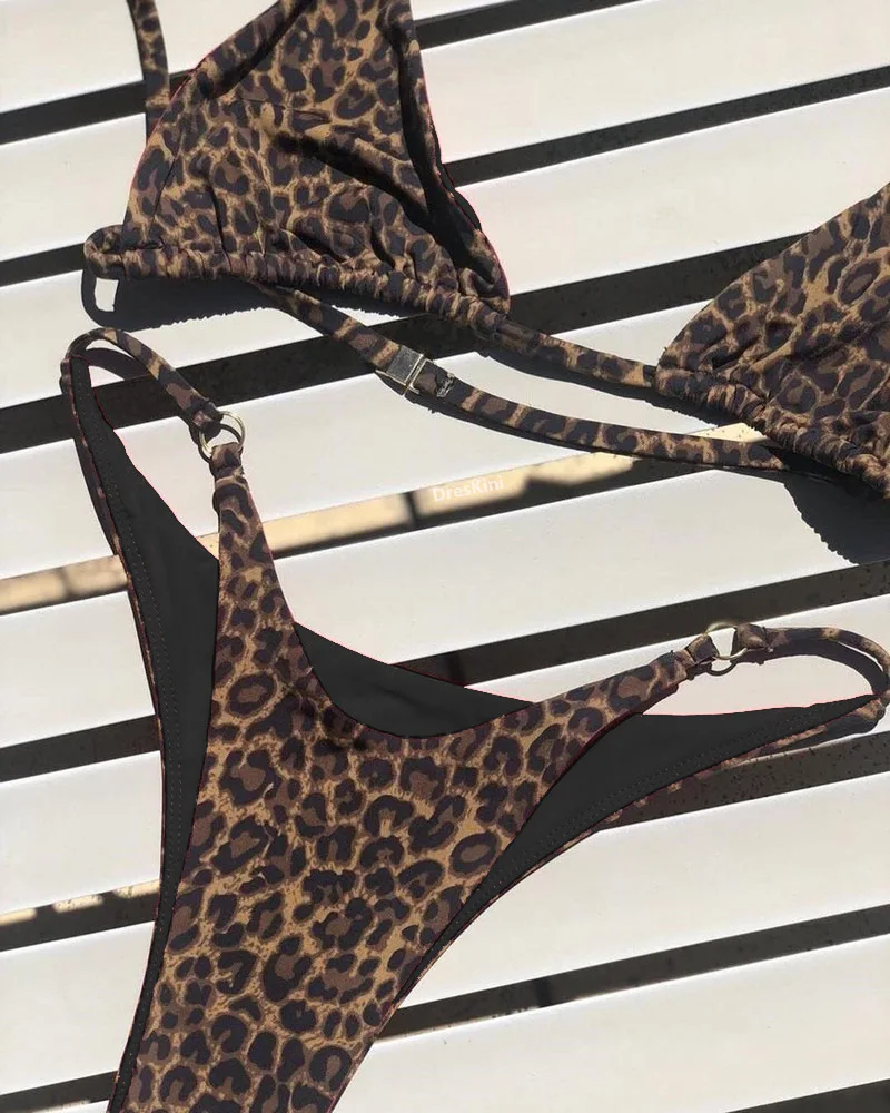 Kostium kąpielowy w panterkę push-up – seksowne bikini z paskiem Czarny