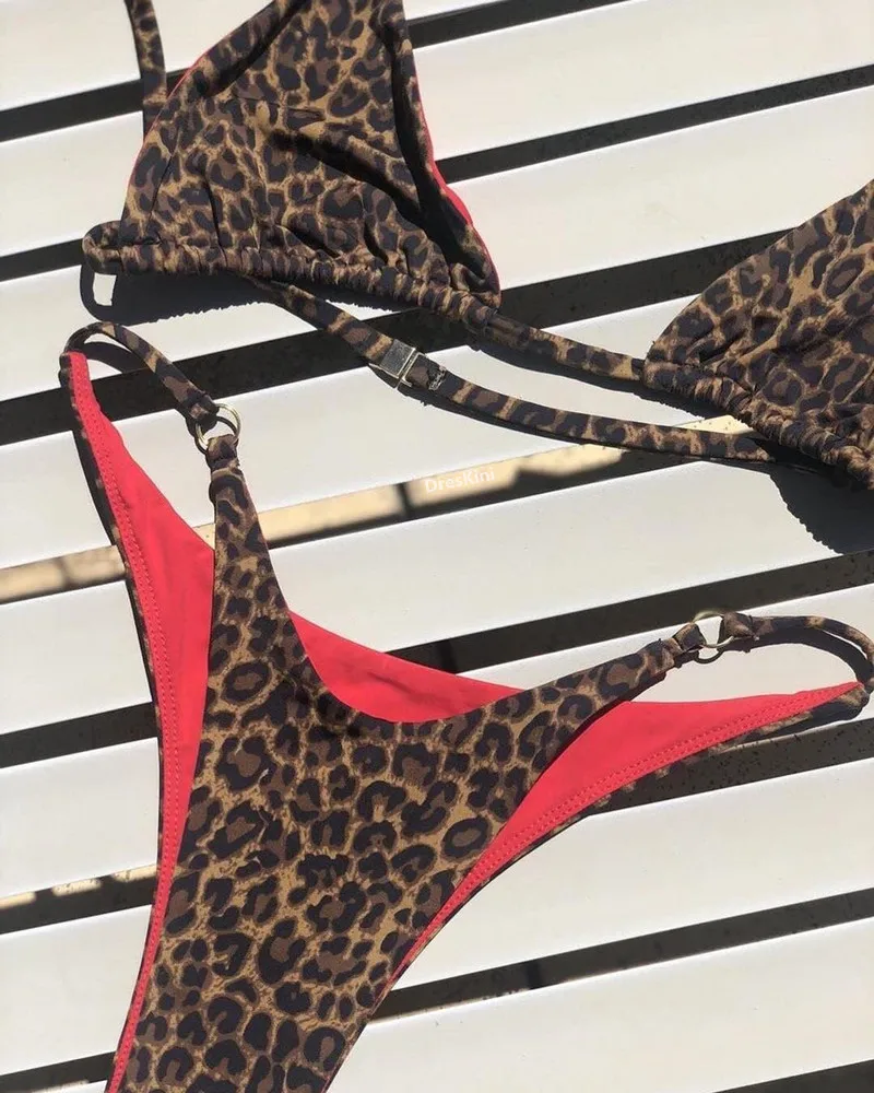 Kostium kąpielowy w panterkę push-up – seksowne bikini z paskiem Szary
