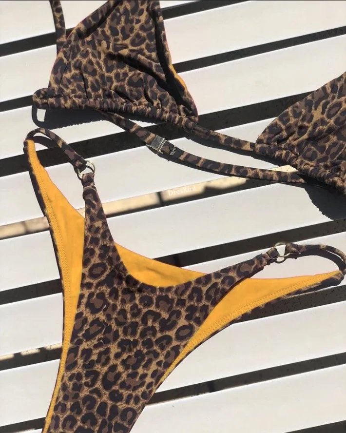 Kostium kąpielowy w panterkę push-up – seksowne bikini z paskiem żółty