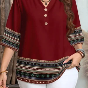 Koszula damska plus size z krótkim rękawem – retro wzór Burgundia