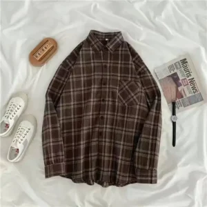 Koszula w kratę vintage z długim rękawem — oversize koreański styl Brązowy
