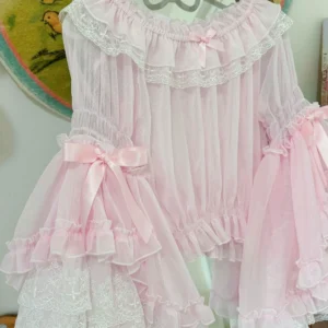 Koszula Lolita z kokardą i rozkloszowanym rękawem Różowy