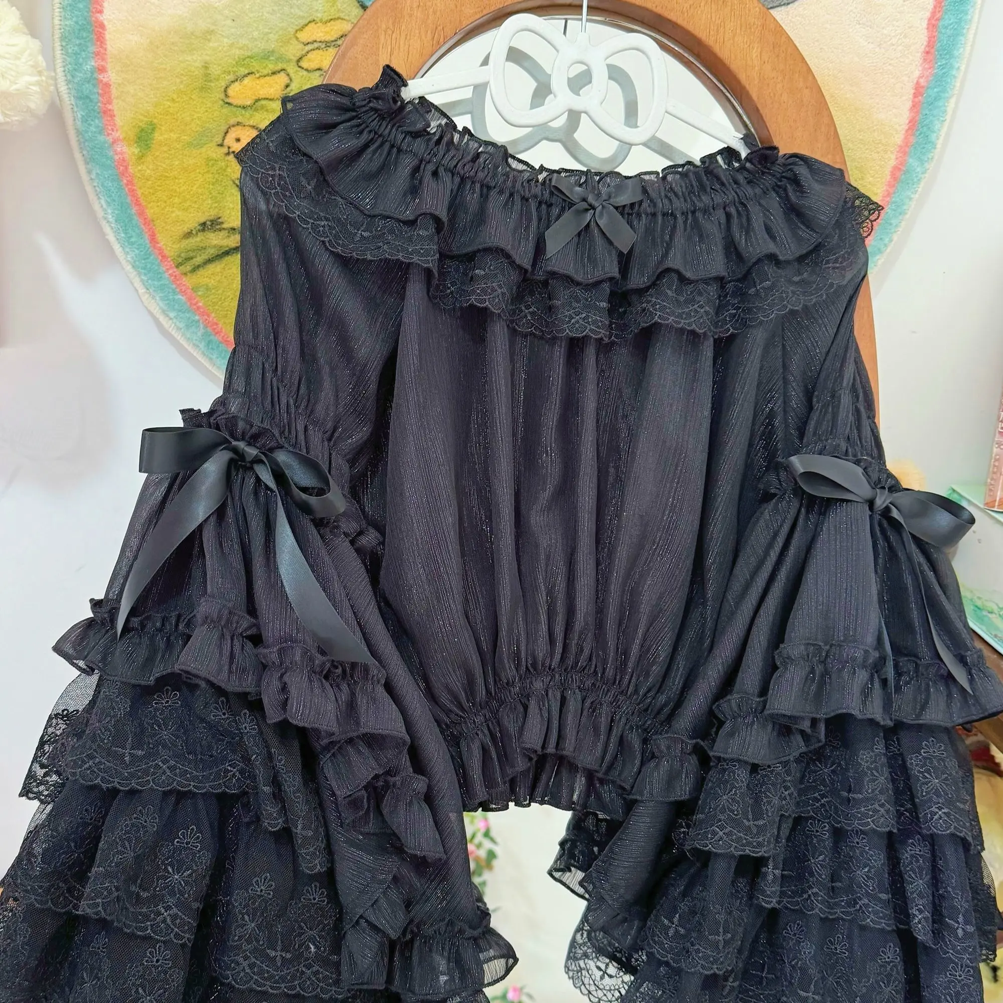 Koszula Lolita z kokardą i rozkloszowanym rękawem Czarny