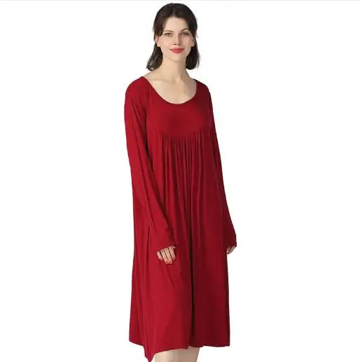 Koszula nocna damska plus size z modalem, długi rękaw Czerwony