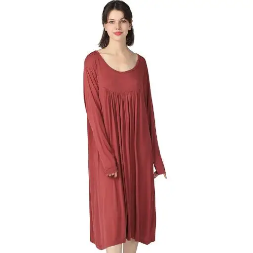 Koszula nocna damska plus size z modalem, długi rękaw Koralowa czerwona