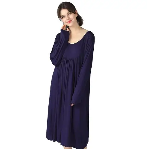 Koszula nocna damska plus size z modalem, długi rękaw Niebieski