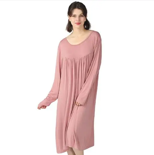 Koszula nocna damska plus size z modalem, długi rękaw Różowy