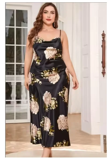 Koszula nocna plus size z satyny z nadrukiem bielizna nocna Błękitny