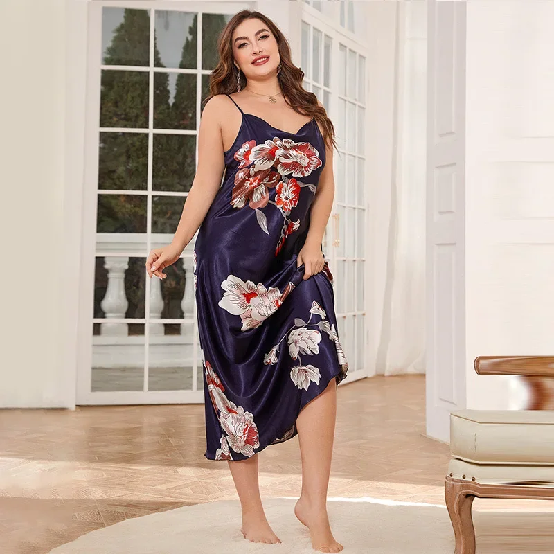 Koszula nocna plus size z satyny z nadrukiem bielizna nocna Czarny