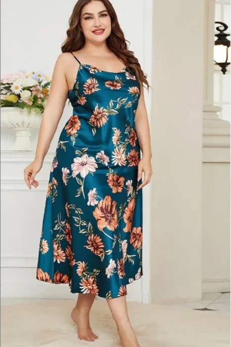 Koszula nocna plus size z satyny z nadrukiem bielizna nocna Niebieski