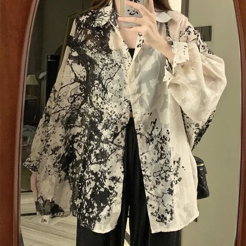 Koszula tie dye z długim rękawem w stylu vintage streetwear Biały