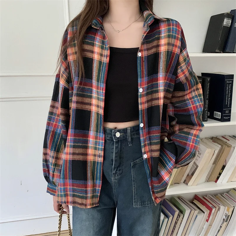 Koszula w kratę damska flanelowa z długim rękawem preppy Ciemnoszary