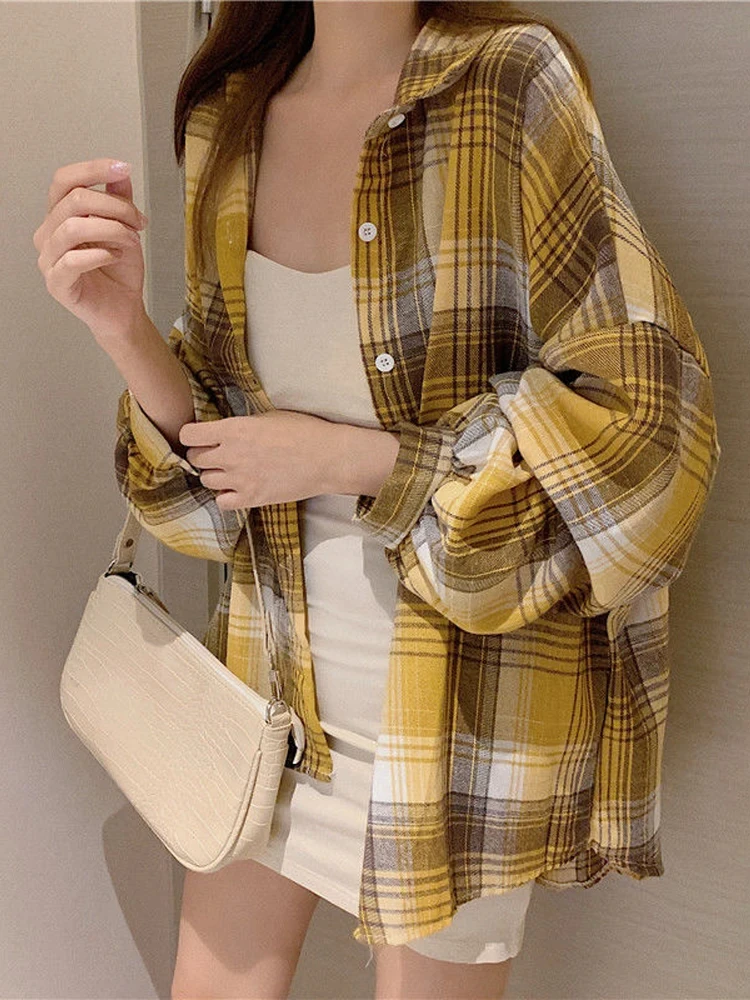 Koszula w kratę damska flanelowa z długim rękawem preppy Czarny