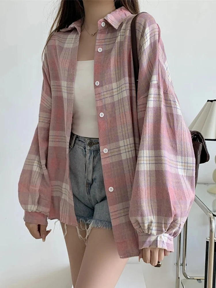 Koszula w kratę damska flanelowa z długim rękawem preppy Fioletowy