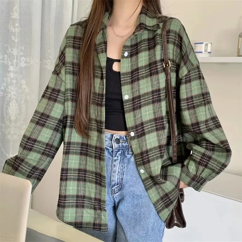Koszula w kratę damska flanelowa z długim rękawem preppy Srebrny