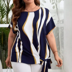 Koszula w paski plus size z wiązaniem z boku Granatowy
