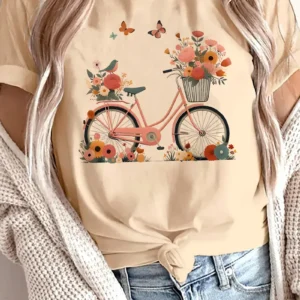 Koszulka damska kwiaty motyle rower casualowa grafika Beżowy