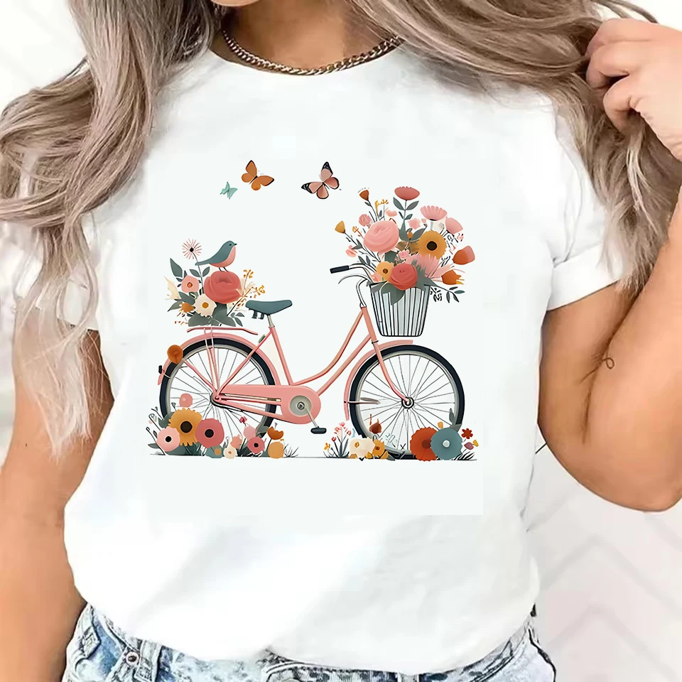 Koszulka damska kwiaty motyle rower casualowa grafika Czarny