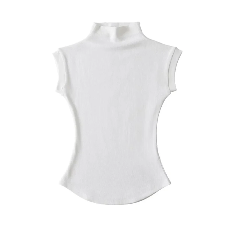 Damska koszulka z golfem bez rękawów slim fit basic Biały