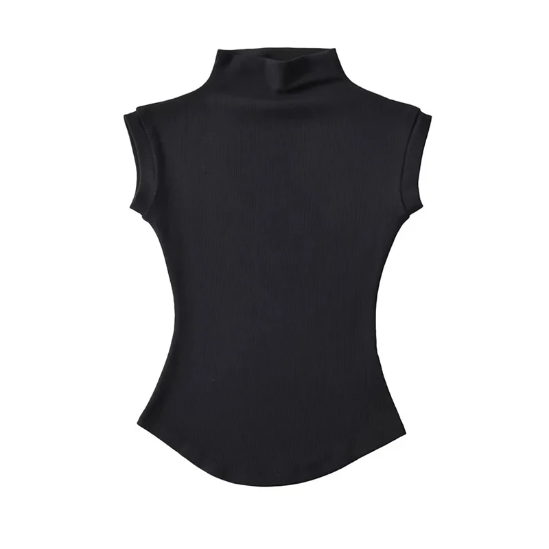 Damska koszulka z golfem bez rękawów slim fit basic Czarny