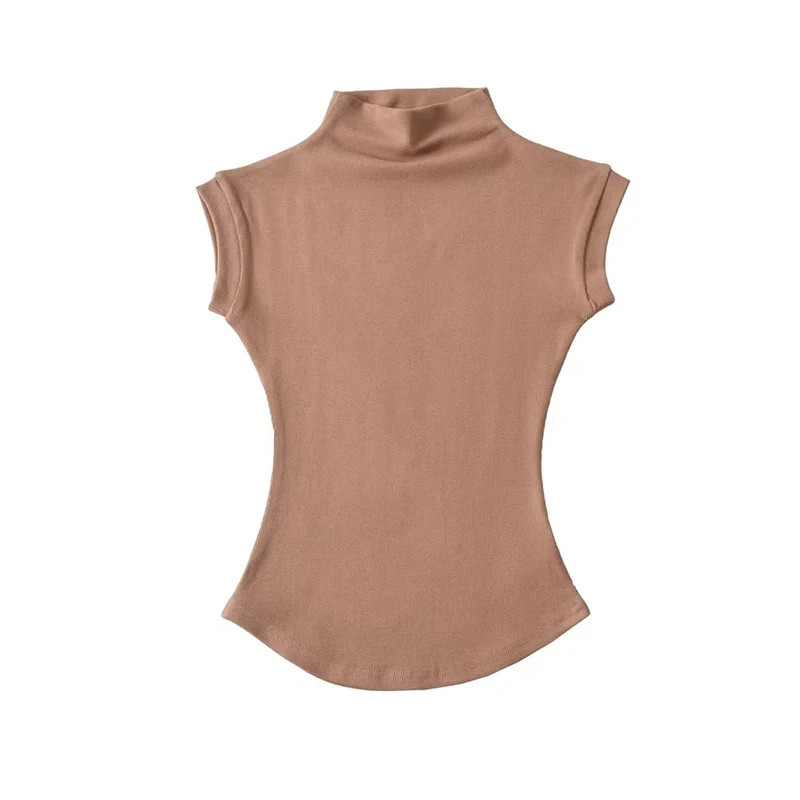 Damska koszulka z golfem bez rękawów slim fit basic Kawa