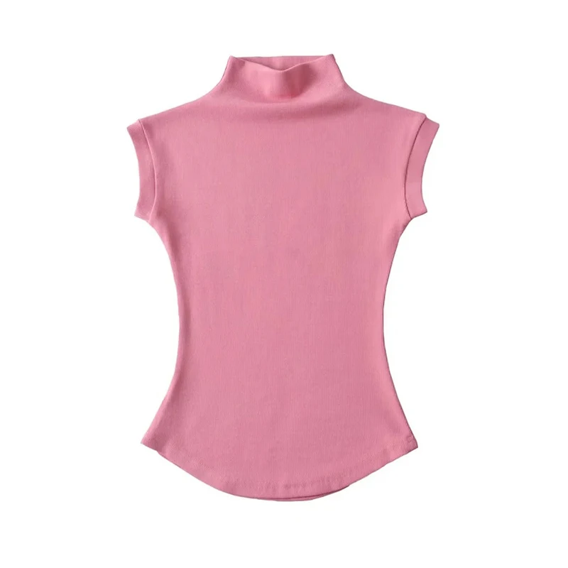 Damska koszulka z golfem bez rękawów slim fit basic Różowy