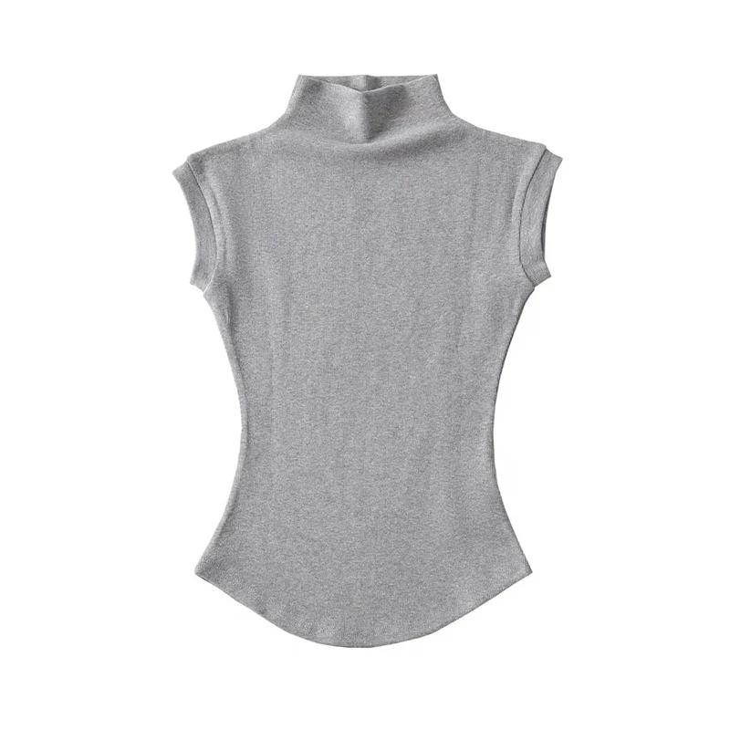 Damska koszulka z golfem bez rękawów slim fit basic Szary