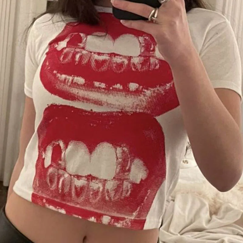 Koszulka gothic punk Y2K baby tee z krótkim rękawem Czerwony
