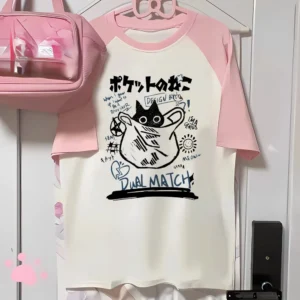 Koszulka Harajuku damska z kotkiem anime kawaii japońska Niebieski