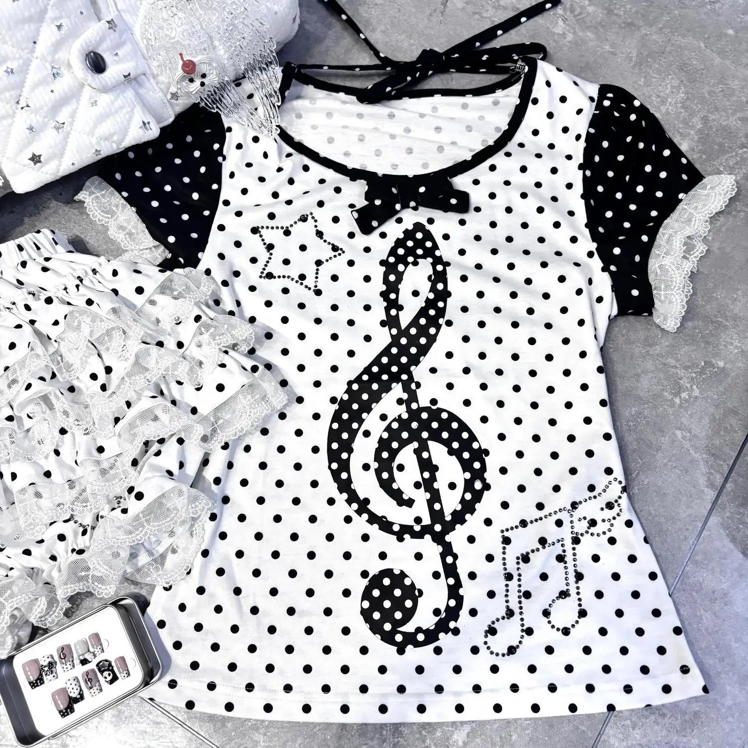 Koszulka Harajuku damska z patchworkiem i nadrukiem pianina Biały