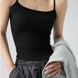 Damska koszulka na ramiączkach slim fit z dzianiny Czarny