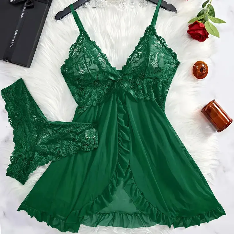 Koszulka nocna z lodowego jedwabiu plus size ze stringami Niebieski