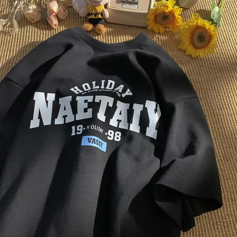 Koszulka unisex Y2K luźna estetyka Harajuku lato Czarny