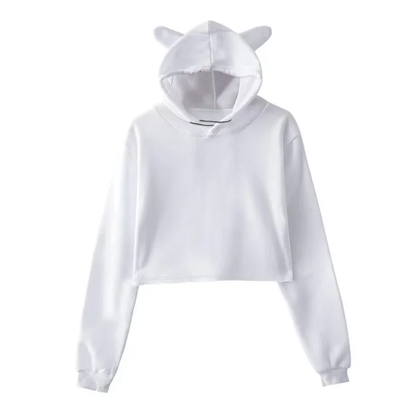 Krótka bluza crop top z kapturem i kocimi uszami Biały