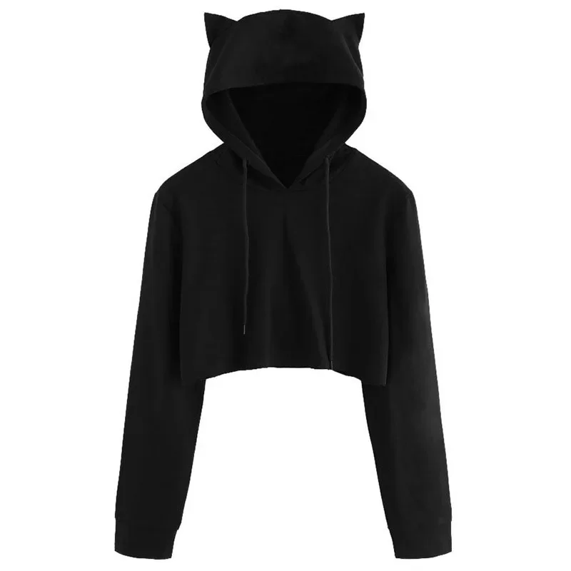 Krótka bluza crop top z kapturem i kocimi uszami Czarny