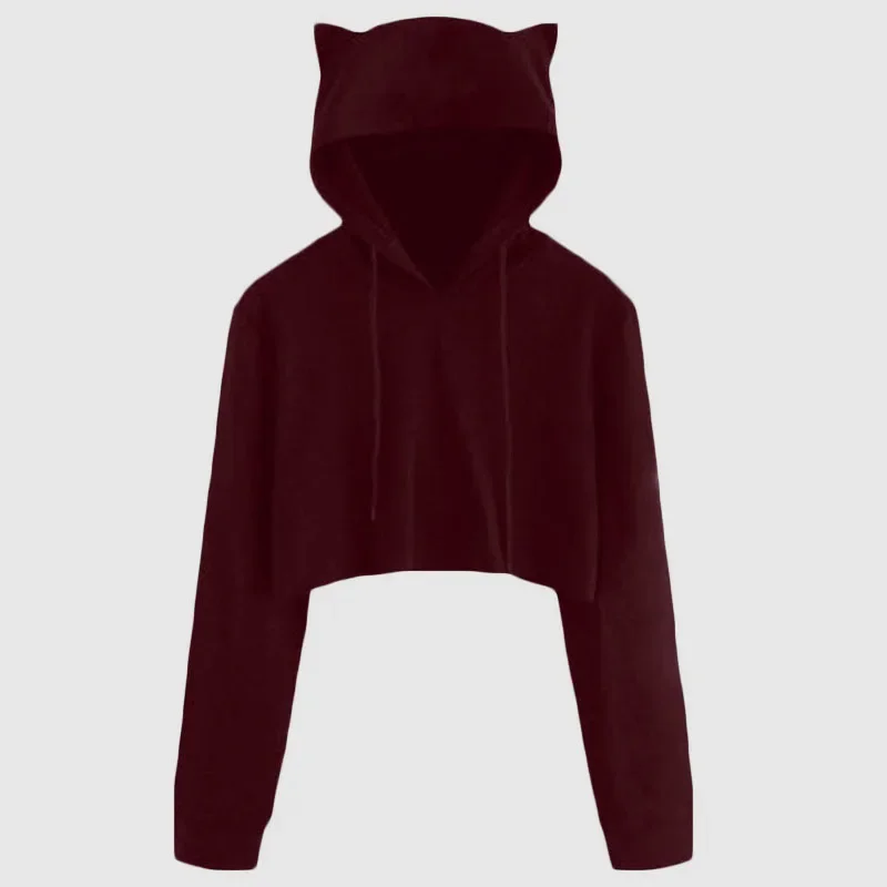 Krótka bluza crop top z kapturem i kocimi uszami Czerwone wino