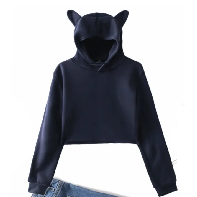 Krótka bluza crop top z kapturem i kocimi uszami Niebieski