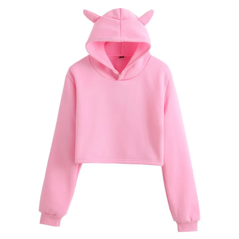 Krótka bluza crop top z kapturem i kocimi uszami Różowy