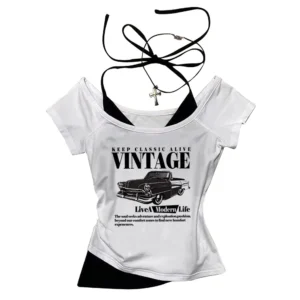 Krótka koszulka damska vintage retro Y2K punk Beżowy