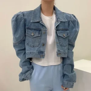 Krótka kurtka dżinsowa damska z bufiaste rękawami Niebieski